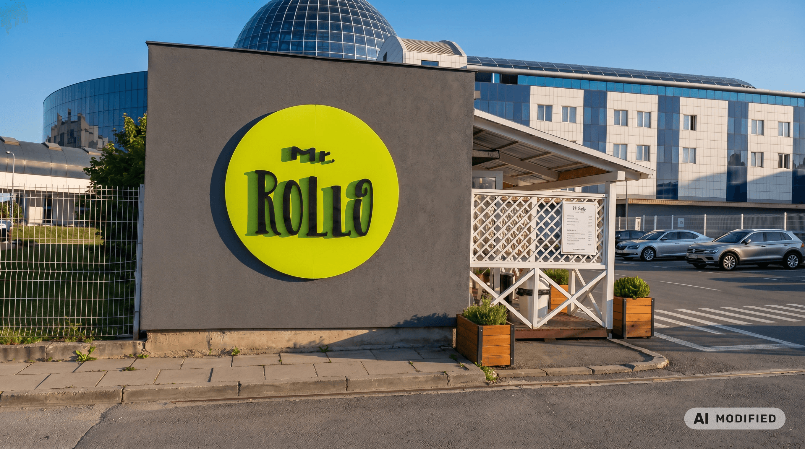 Bistro Mr. Rollo od zewnątrz - szyld z logo przy Alei Bohaterów Września 9 w Warszawie, tuż za BlueCity
